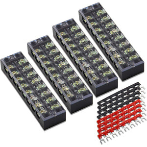 MILAPEAK Terminal Block And Strip - 4 Pcs 8 Positions 600V 25A Dual Row Screw Terminals Strip With Cover + 8 Pcs 400V 25A 8 Positions Pre-Insulated Terminal Barrier Jumper Strips Black And Red,