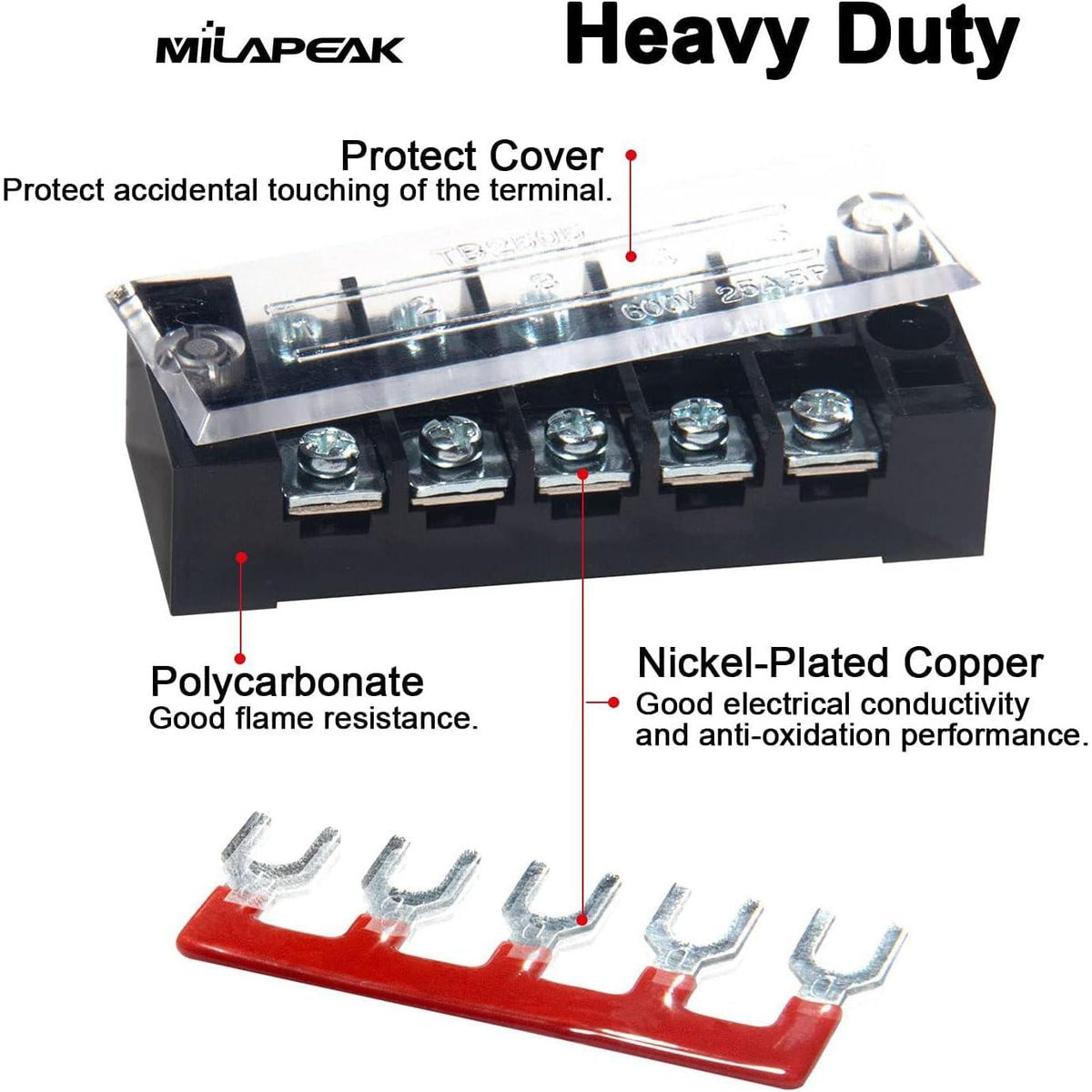MILAPEAK Terminal Block And Strip - 6 Sets 4/5/6 Positions 600V 25A Dual Row Wire Screw Terminal Strip Block With Cover + 400V 25A Pre-Insulated Terminals Barrier Strips Jumpers (Black And Red),