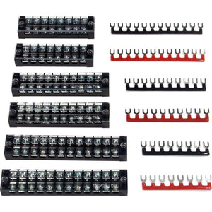 MILAPEAK Terminal Block And Strip - 6 Sets 8/10/12 Positions 600V 25A Dual Row Wire Screw Terminal Strip Block With Cover + 400V 25A Pre-Insulated Terminals Barrier Strips Jumpers (Black And Red),