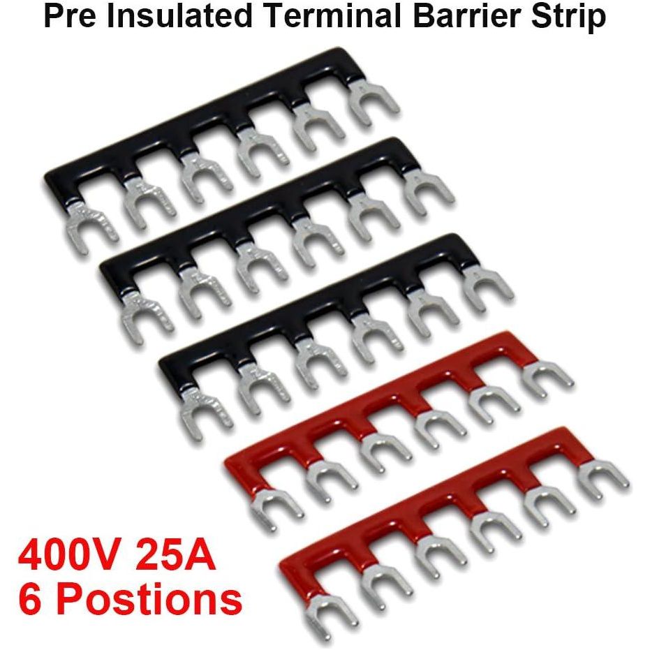 MILAPEAK Terminal Block And Strip - 5pcs 6 Positions 600V 25A Dual Row Screw Terminals Strip With Cover+5pcs Pre-Insulated Barrier Jumper Strips Black And Red + Spade Fork Wire Connectors,
