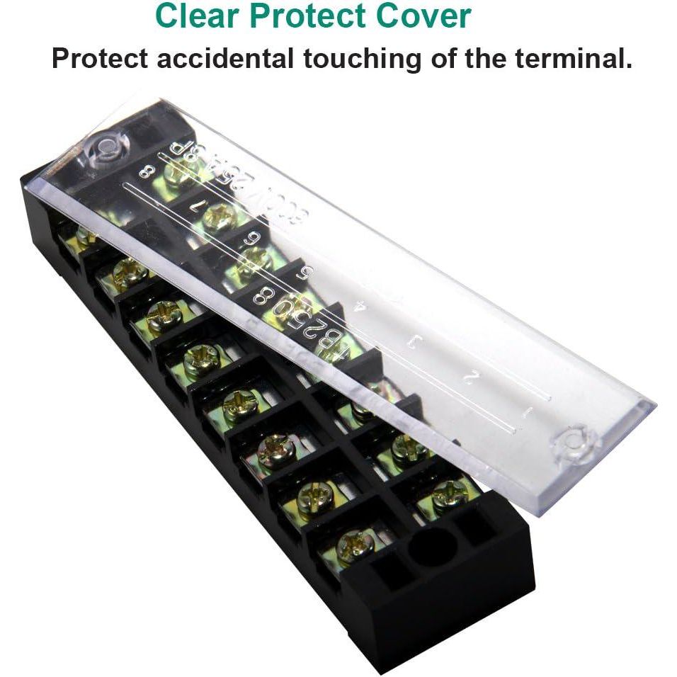 MILAPEAK Terminal Block And Strip - 4 Pcs 8 Positions 600V 25A Dual Row Screw Terminals Strip With Cover + 8 Pcs 400V 25A 8 Positions Pre-Insulated Terminal Barrier Jumper Strips Black And Red,