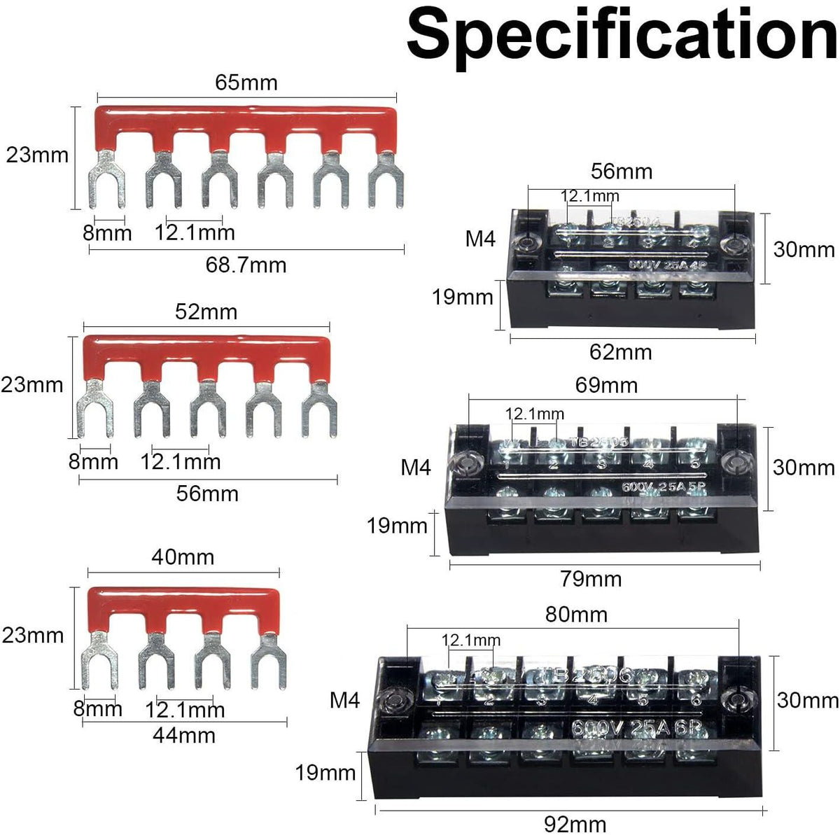 MILAPEAK Terminal Block And Strip - 6 Sets 4/5/6 Positions 600V 25A Dual Row Wire Screw Terminal Strip Block With Cover + 400V 25A Pre-Insulated Terminals Barrier Strips Jumpers (Black And Red),
