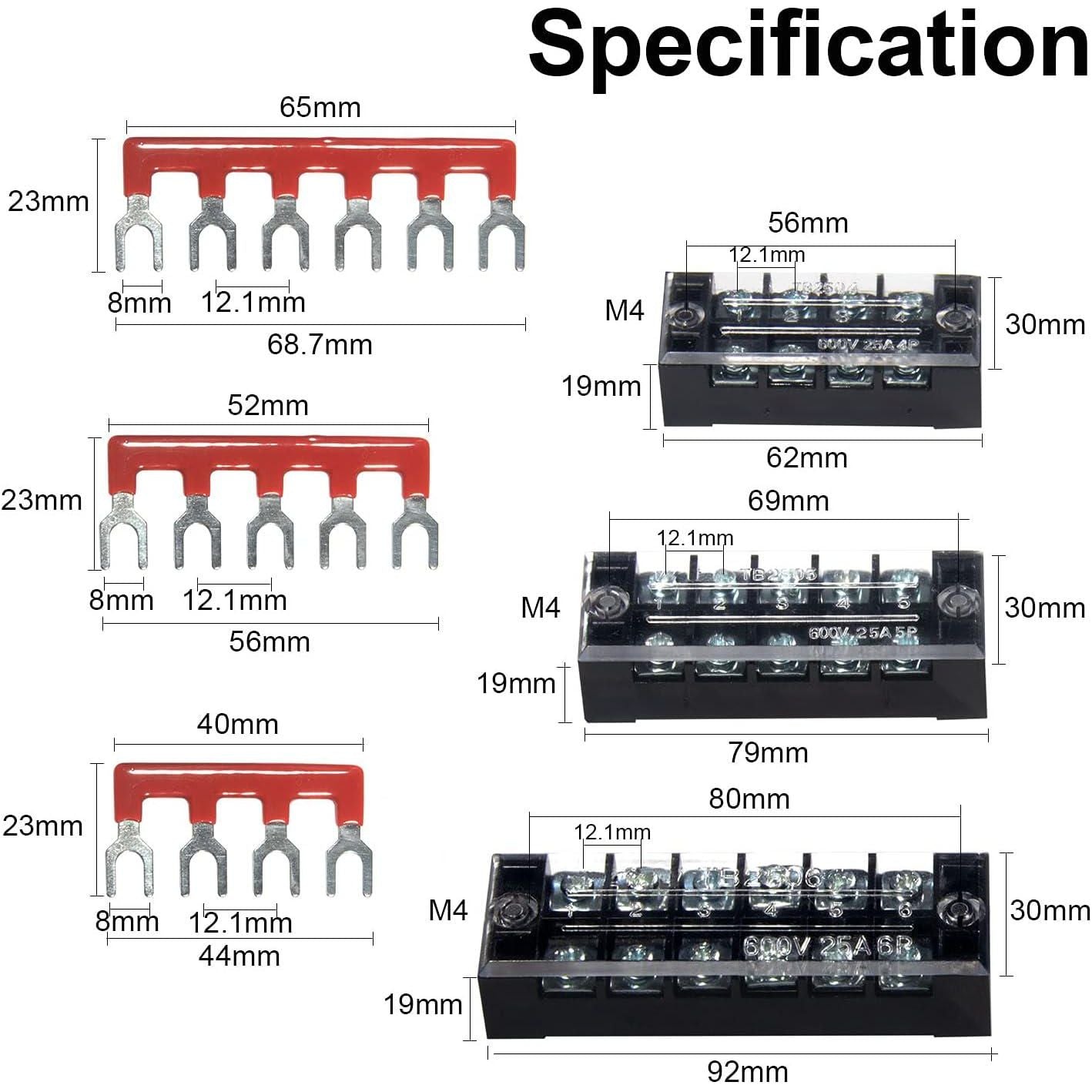 MILAPEAK Terminal Block And Strip - 6 Sets 4/5/6 Positions 600V 25A Dual Row Wire Screw Terminal Strip Block With Cover + 400V 25A Pre-Insulated Terminals Barrier Strips Jumpers (Black And Red),