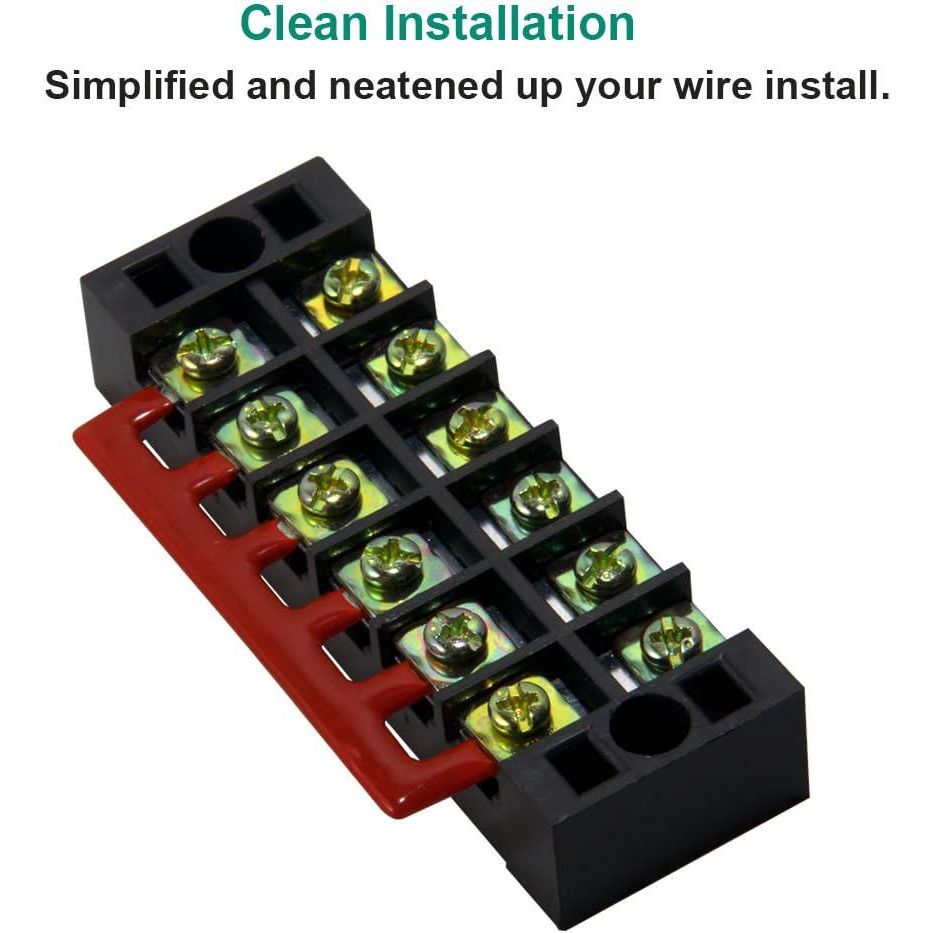 MILAPEAK Terminal Block And Strip - 5pcs 6 Positions 600V 25A Dual Row Screw Terminals Strip With Cover+5pcs Pre-Insulated Barrier Jumper Strips Black And Red + Spade Fork Wire Connectors,