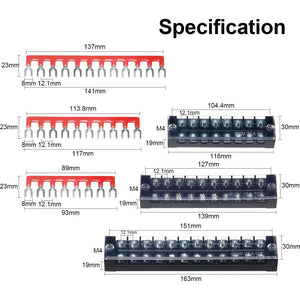 MILAPEAK Terminal Block And Strip - 6 Sets 8/10/12 Positions 600V 25A Dual Row Wire Screw Terminal Strip Block With Cover + 400V 25A Pre-Insulated Terminals Barrier Strips Jumpers (Black And Red),