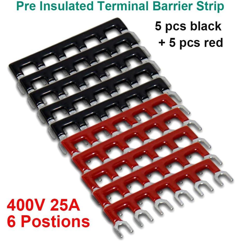MILAPEAK Terminal Block And Strip - 5pcs 6 Positions 600V 25A Dual Row Screw Terminal Strip With Cover + 10pcs 400V 25A 6 Positions Pre-Insulated Terminal Barrier Jumper Strips Black And Red,