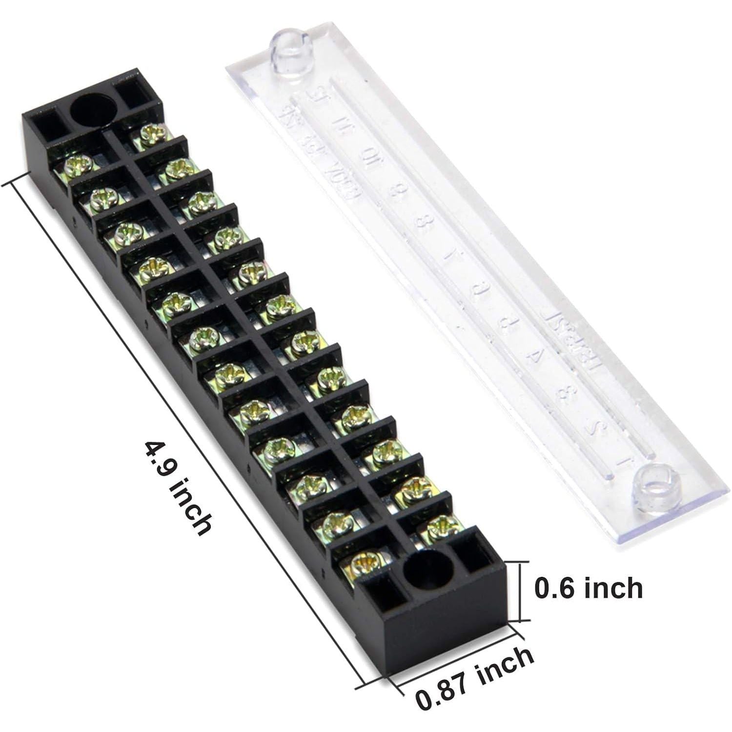 MILAPEAK Terminal Block And Strip - 5pcs 12 Positions 600V 15A Dual Row Screw Terminal Strip With Cover + 10pcs 400V 15A 12 Positions Pre-Insulated Terminal Barrier Jumper Strips Black And Red,