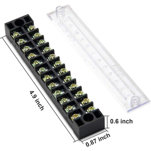 MILAPEAK Terminal Block And Strip - 5pcs 12 Positions 600V 15A Dual Row Screw Terminal Strip With Cover + 10pcs 400V 15A 12 Positions Pre-Insulated Terminal Barrier Jumper Strips Black And Red,