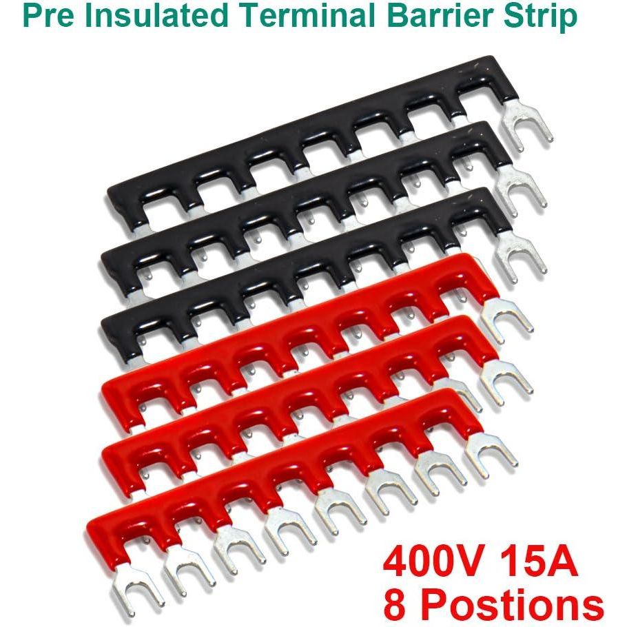 MILAPEAK Terminal Block And Strip - 12pcs (6 Sets) 8 Positions Dual Row 600V 15A Screw Terminal Strip Blocks With Cover + 400V 15A 8 Positions Pre-Insulated Terminals Barrier Strip (Black And Red),