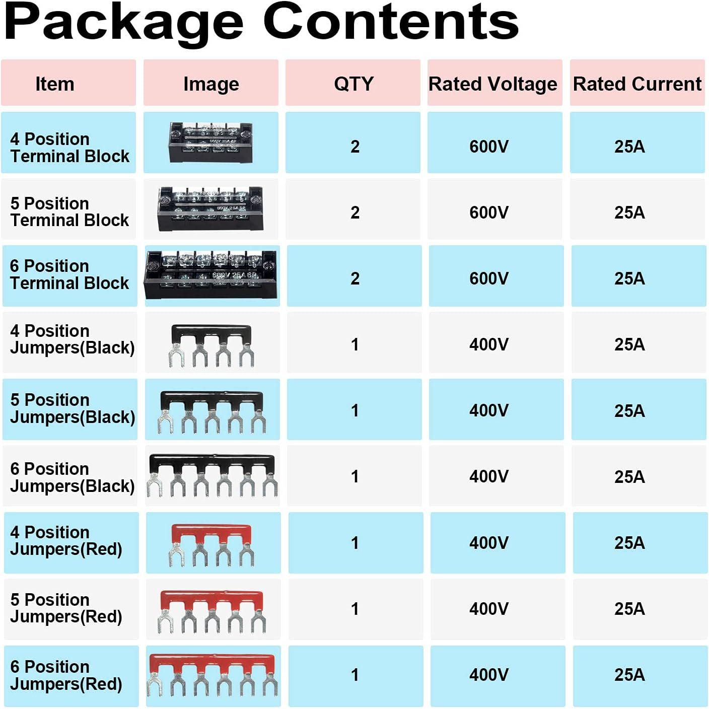 MILAPEAK Terminal Block And Strip - 6 Sets 4/5/6 Positions 600V 25A Dual Row Wire Screw Terminal Strip Block With Cover + 400V 25A Pre-Insulated Terminals Barrier Strips Jumpers (Black And Red),