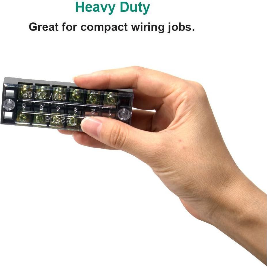 MILAPEAK Terminal Block And Strip - 5pcs 6 Positions 600V 25A Dual Row Screw Terminals Strip With Cover+5pcs Pre-Insulated Barrier Jumper Strips Black And Red + Spade Fork Wire Connectors,