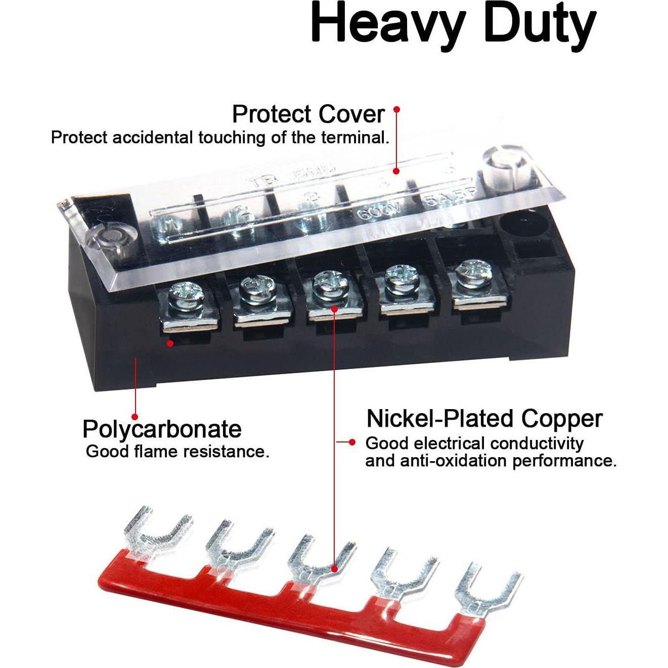 MILAPEAK Terminal Block And Strip - 10pcs (5 Sets) 5 Positions Dual Row 600V 15A Screw Terminal Strip Blocks With Cover + 400V 15A 5 Positions Pre-Insulated Terminals Barrier Strip (Black And Red),