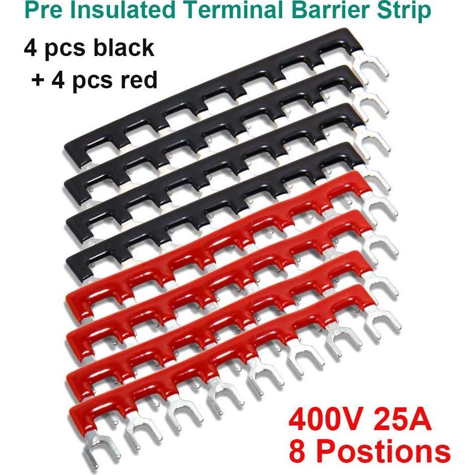 MILAPEAK Terminal Block And Strip - 4 Pcs 8 Positions 600V 25A Dual Row Screw Terminals Strip With Cover + 8 Pcs 400V 25A 8 Positions Pre-Insulated Terminal Barrier Jumper Strips Black And Red,