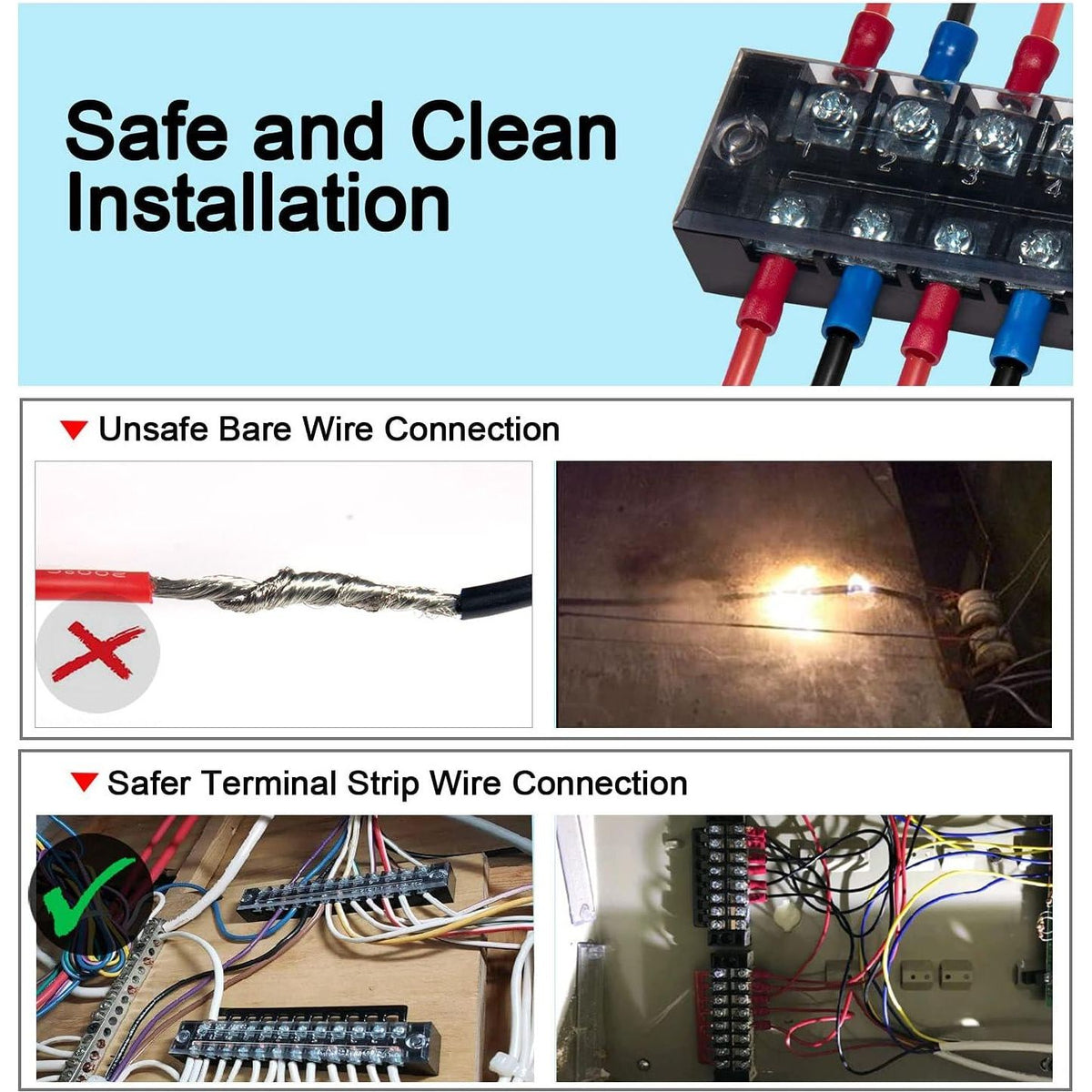MILAPEAK Terminal Block And Strip - 6 Sets 4/5/6 Positions 600V 25A Dual Row Wire Screw Terminal Strip Block With Cover + 400V 25A Pre-Insulated Terminals Barrier Strips Jumpers (Black And Red),