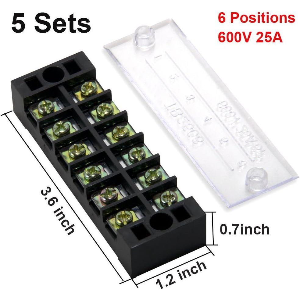 MILAPEAK Terminal Block And Strip - 5pcs 6 Positions 600V 25A Dual Row Screw Terminal Strip With Cover + 10pcs 400V 25A 6 Positions Pre-Insulated Terminal Barrier Jumper Strips Black And Red,