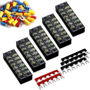 MILAPEAK Terminal Block And Strip - 5pcs 6 Positions 600V 25A Dual Row Screw Terminals Strip With Cover+5pcs Pre-Insulated Barrier Jumper Strips Black And Red + Spade Fork Wire Connectors,