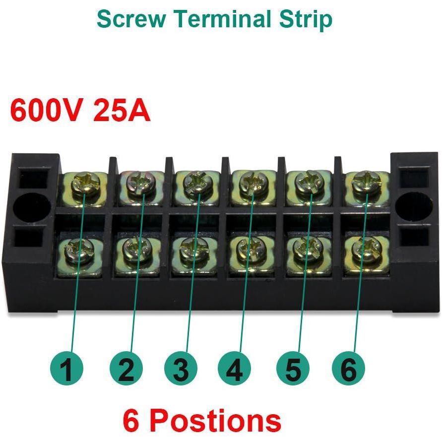 MILAPEAK Terminal Block And Strip - 5pcs 6 Positions 600V 25A Dual Row Screw Terminals Strip With Cover+5pcs Pre-Insulated Barrier Jumper Strips Black And Red + Spade Fork Wire Connectors,
