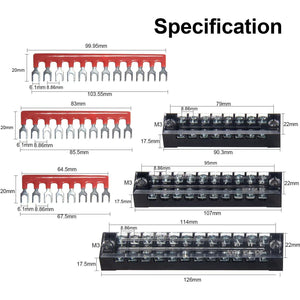 MILAPEAK Terminal Block And Strip - 6 Sets 8/10/12 Positions 600V 15A Dual Row Wire Screw Terminal Strip Block With Cover + 400V 15A Pre-Insulated Terminals Barrier Strips Jumpers (Black And Red),