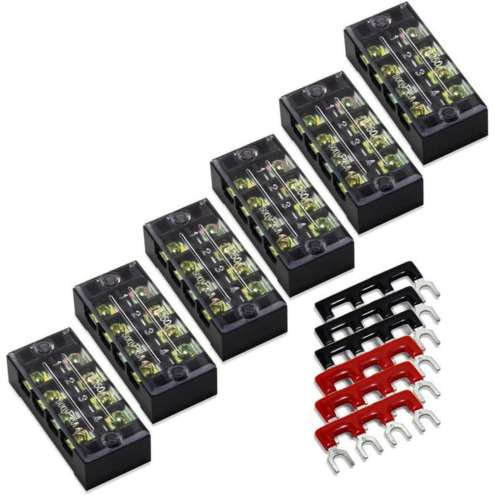Milapeak Terminal Block and Strip, 12pcs, 6 Sets, 4 Positions Dual Row, 600V 25A, Screw Terminal Blocks with Cover, Black and Red
