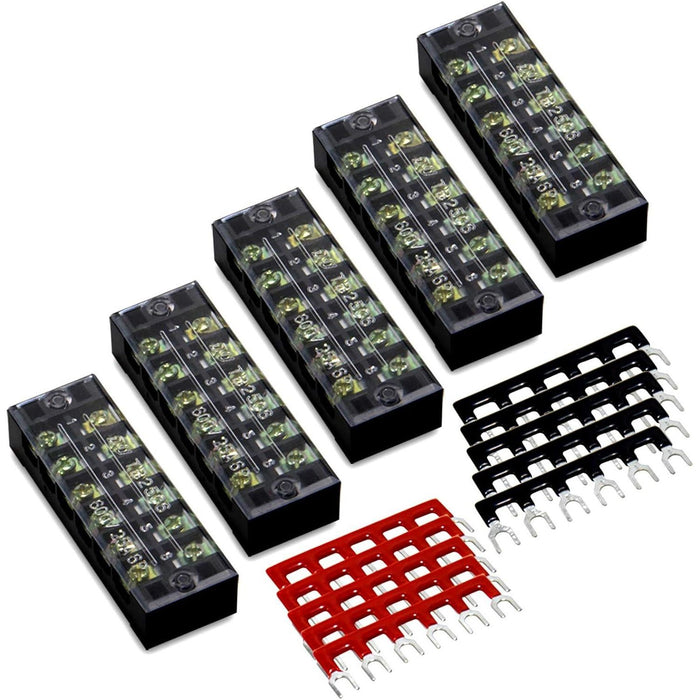 Milapeak Terminal Block & Strip, 5-Pcs 6-Position, 600V 25A, Dual Row Screw Terminals with Covers, Black & Red