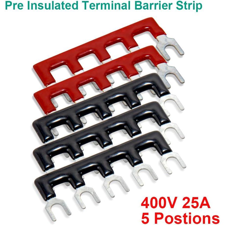 MILAPEAK Terminal Block And Strip - 10pcs (5 Sets) 5 Positions Dual Row 600V 25A Screw Terminal Strip Blocks With Cover + 400V 25A 5 Positions Pre-Insulated Terminals Barrier Strip (Black And Red),