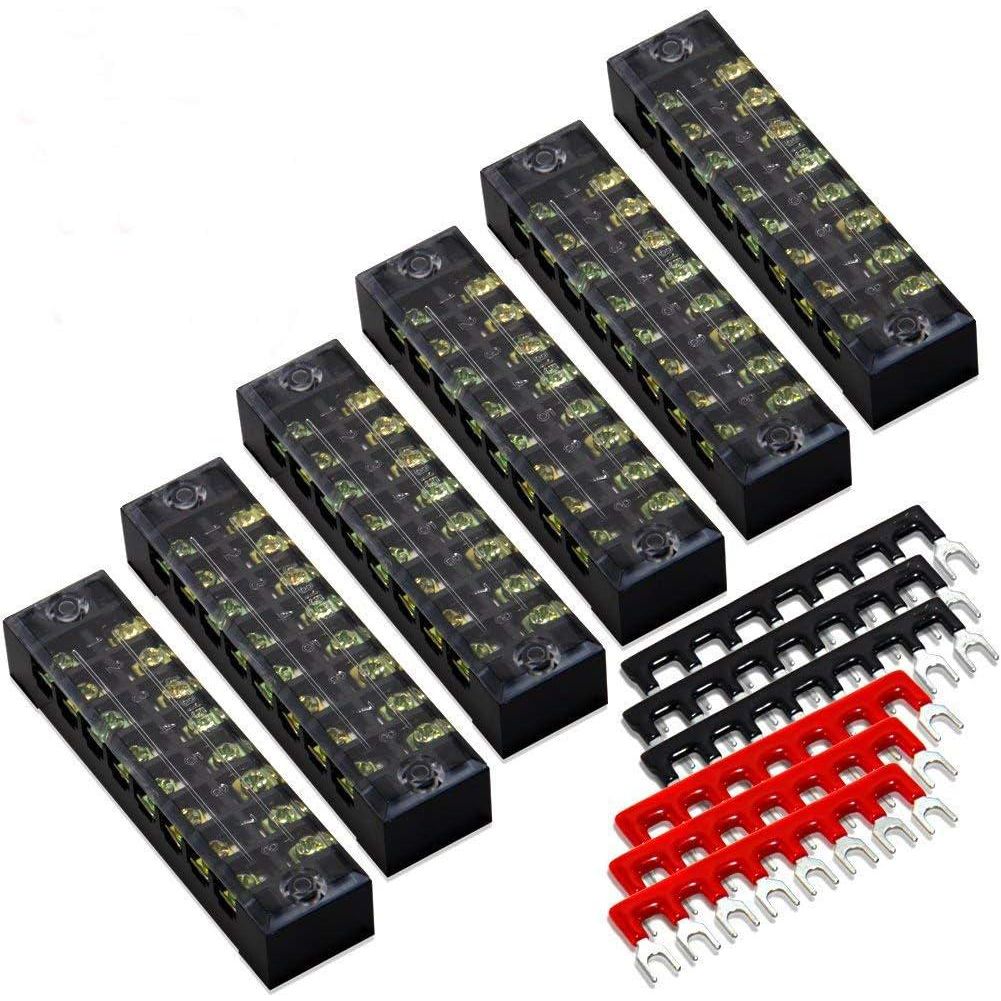 MILAPEAK Terminal Block And Strip - 12pcs (6 Sets) 8 Positions Dual Row 600V 15A Screw Terminal Strip Blocks With Cover + 400V 15A 8 Positions Pre-Insulated Terminals Barrier Strip (Black And Red),
