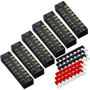MILAPEAK Terminal Block And Strip - 12pcs (6 Sets) 8 Positions Dual Row 600V 15A Screw Terminal Strip Blocks With Cover + 400V 15A 8 Positions Pre-Insulated Terminals Barrier Strip (Black And Red),