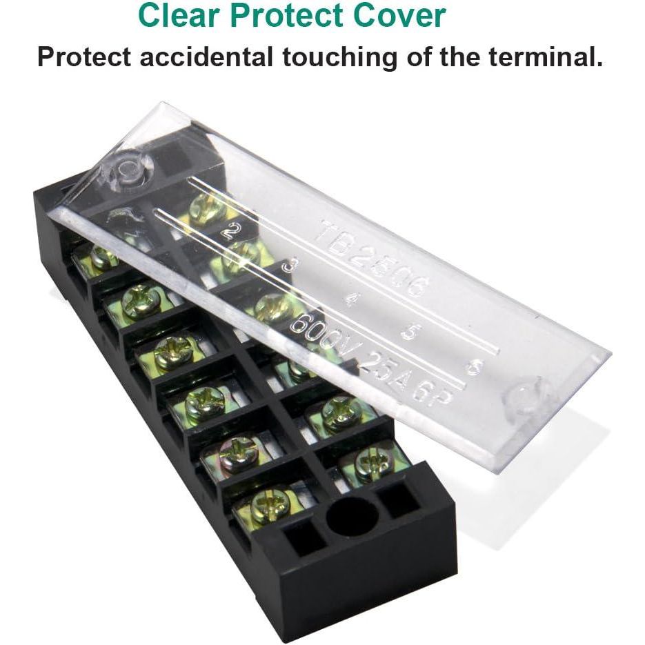 MILAPEAK Terminal Block And Strip - 5pcs 6 Positions 600V 25A Dual Row Screw Terminal Strip With Cover + 10pcs 400V 25A 6 Positions Pre-Insulated Terminal Barrier Jumper Strips Black And Red,