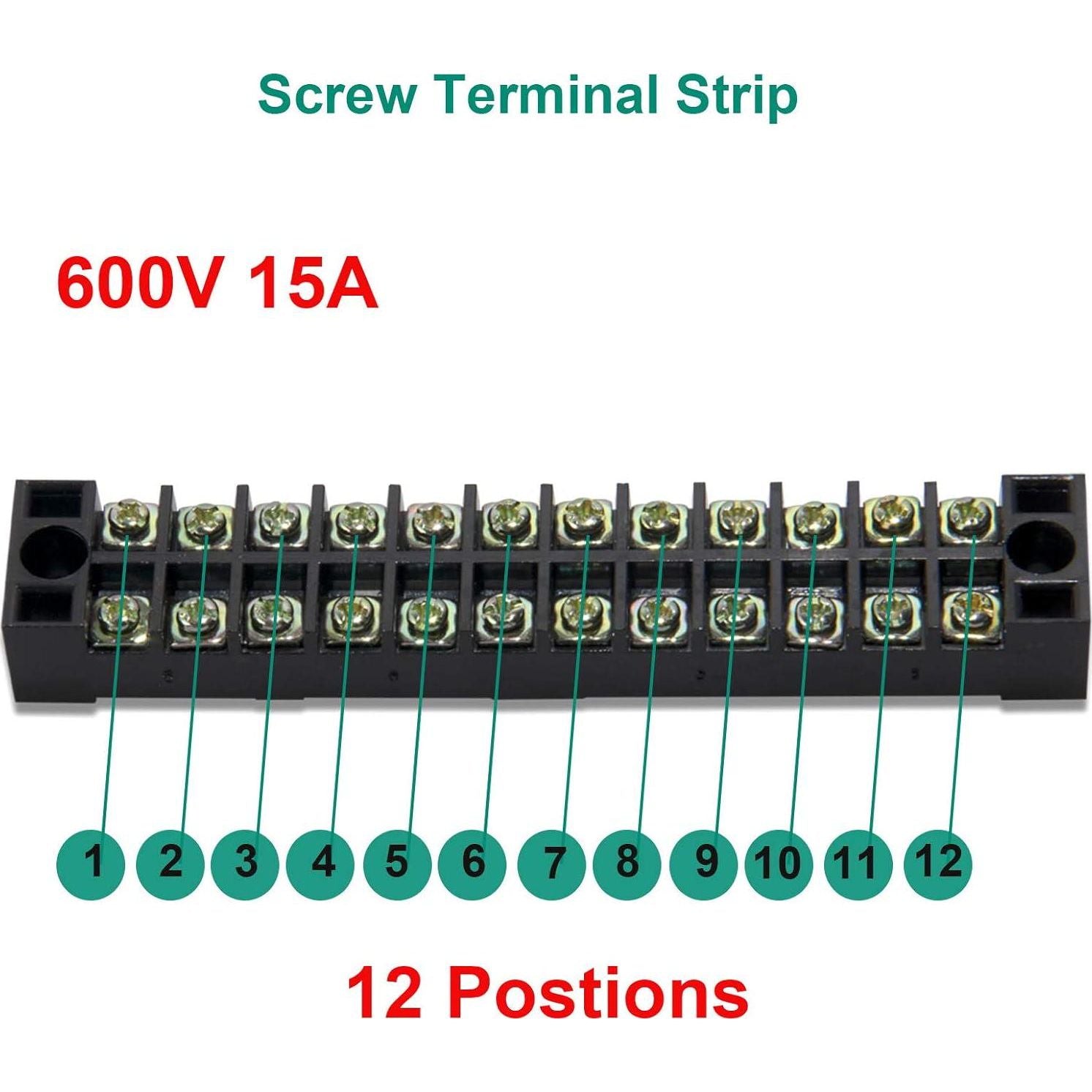 MILAPEAK Terminal Block And Strip - 5pcs 12 Positions 600V 15A Dual Row Screw Terminal Strip With Cover + 10pcs 400V 15A 12 Positions Pre-Insulated Terminal Barrier Jumper Strips Black And Red,