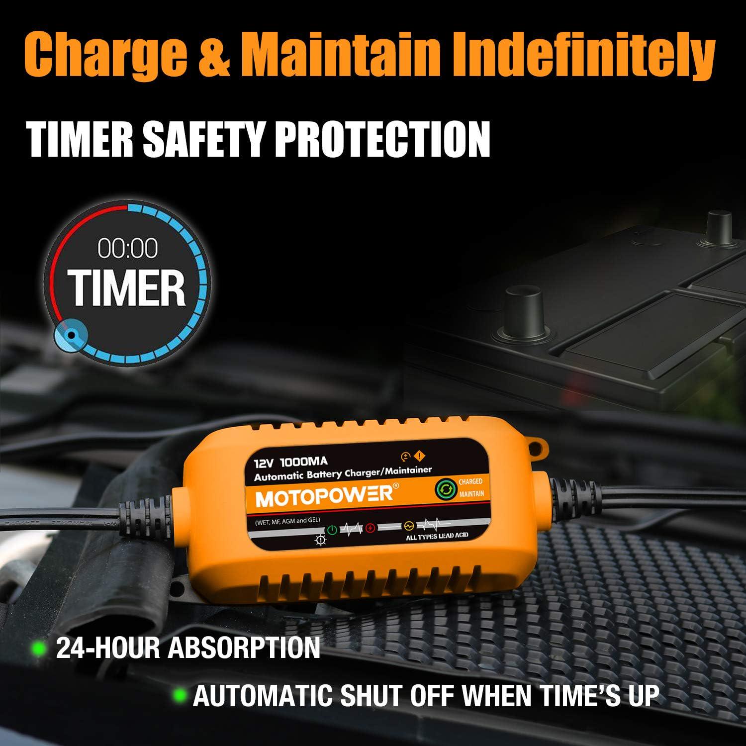 MOTOPOWER 12V 1000mA Automatic Charger - Battery Maintenance - Maintain Charger And Battery Desulfator With Timer Protection.,
