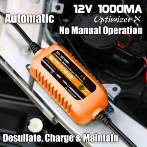 MOTOPOWER 12V 1000mA Automatic Charger - Battery Maintenance - Maintain Charger And Battery Desulfator With Timer Protection.,