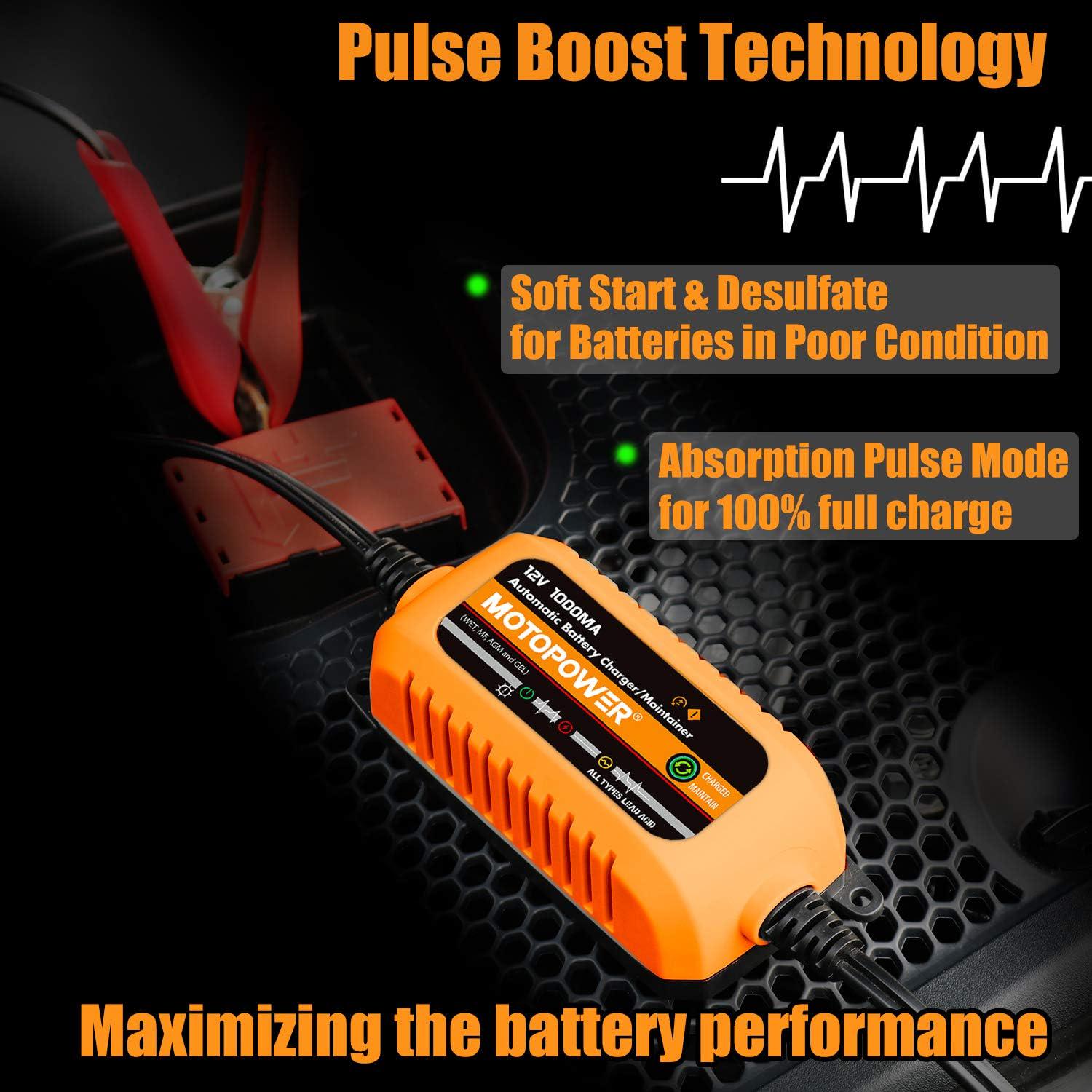 MOTOPOWER 12V 1000mA Automatic Charger - Battery Maintenance - Maintain Charger And Battery Desulfator With Timer Protection.,