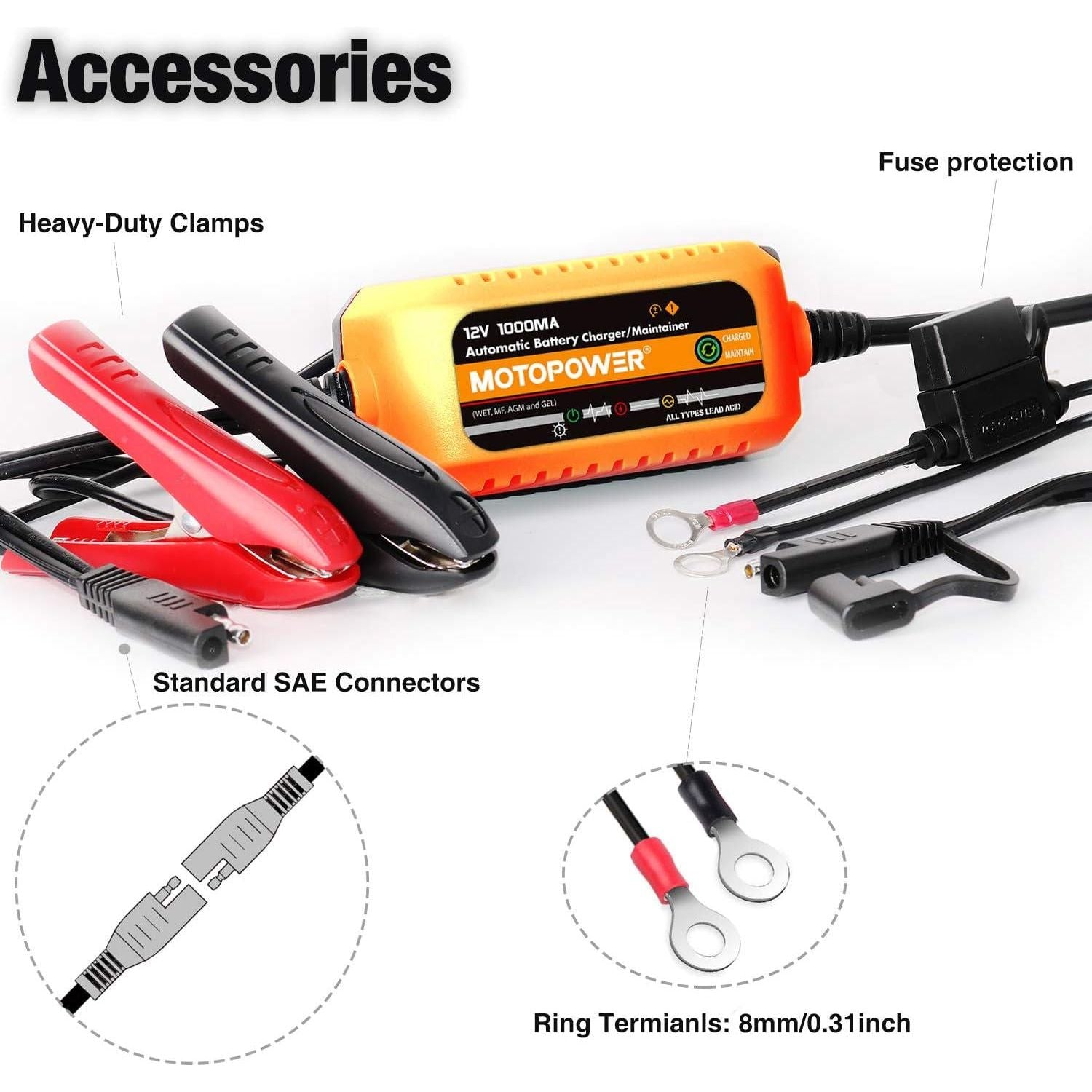 MOTOPOWER 12V 1000mA Automatic Charger - Battery Maintenance - Maintain Charger And Battery Desulfator With Timer Protection.,