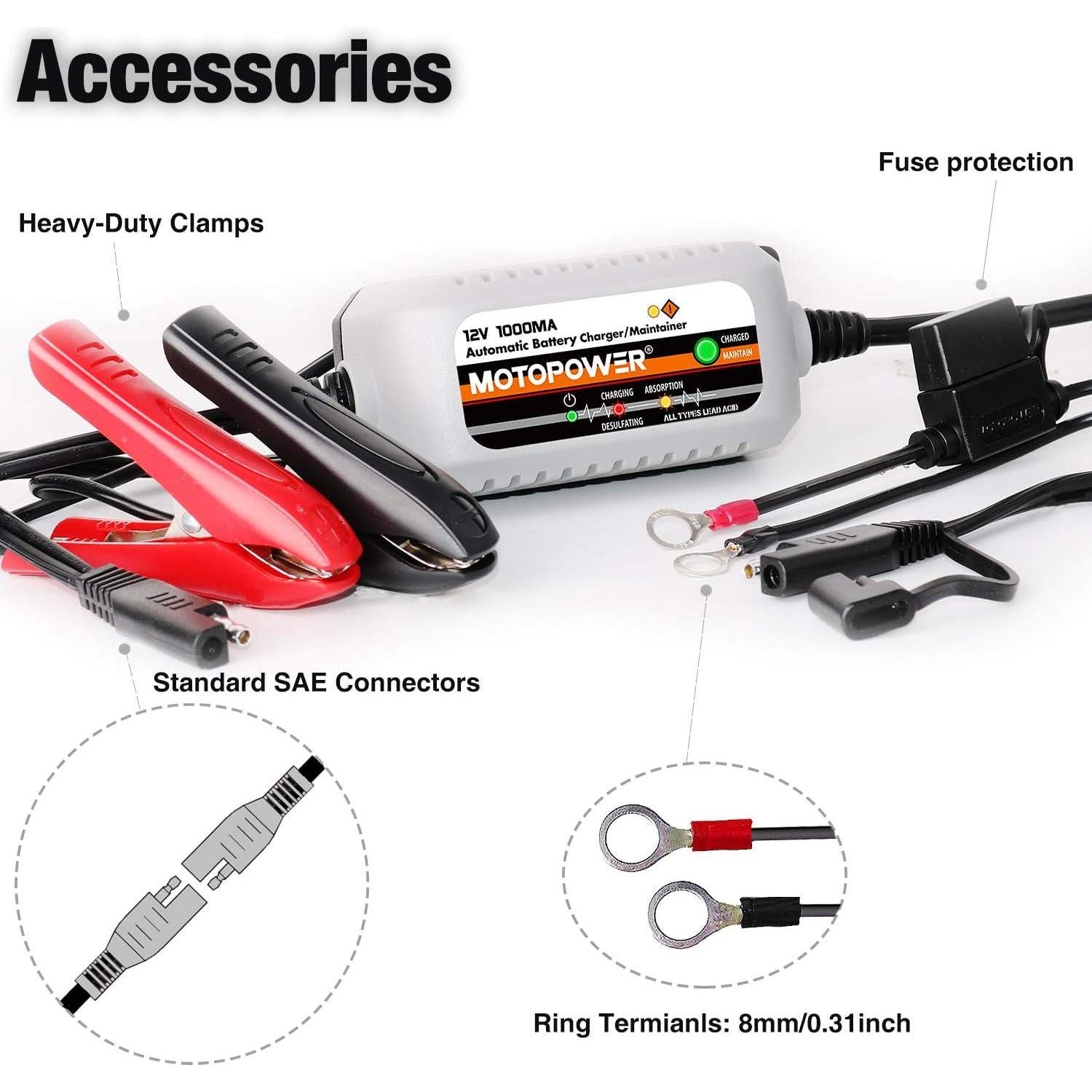 MOTOPOWER MP00205B 12V 1000mA Automatic Battery Charger, Battery Maintainer, Trickle Charger, And Battery Desulfator With Timer Protection - Grey,