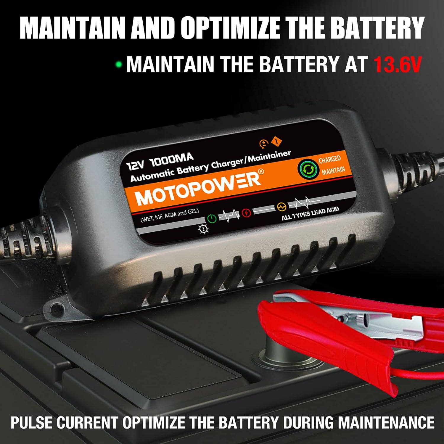 MOTOPOWER MP00205B 12V 1000mA Automatic Battery Charger, Battery Maintainer, Trickle Charger, And Battery Desulfator With Timer Protection - Black Edition,