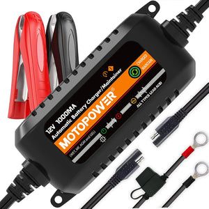 MOTOPOWER MP00205B 12V 1000mA Automatic Battery Charger, Battery Maintainer, Trickle Charger, And Battery Desulfator With Timer Protection - Black Edition,
