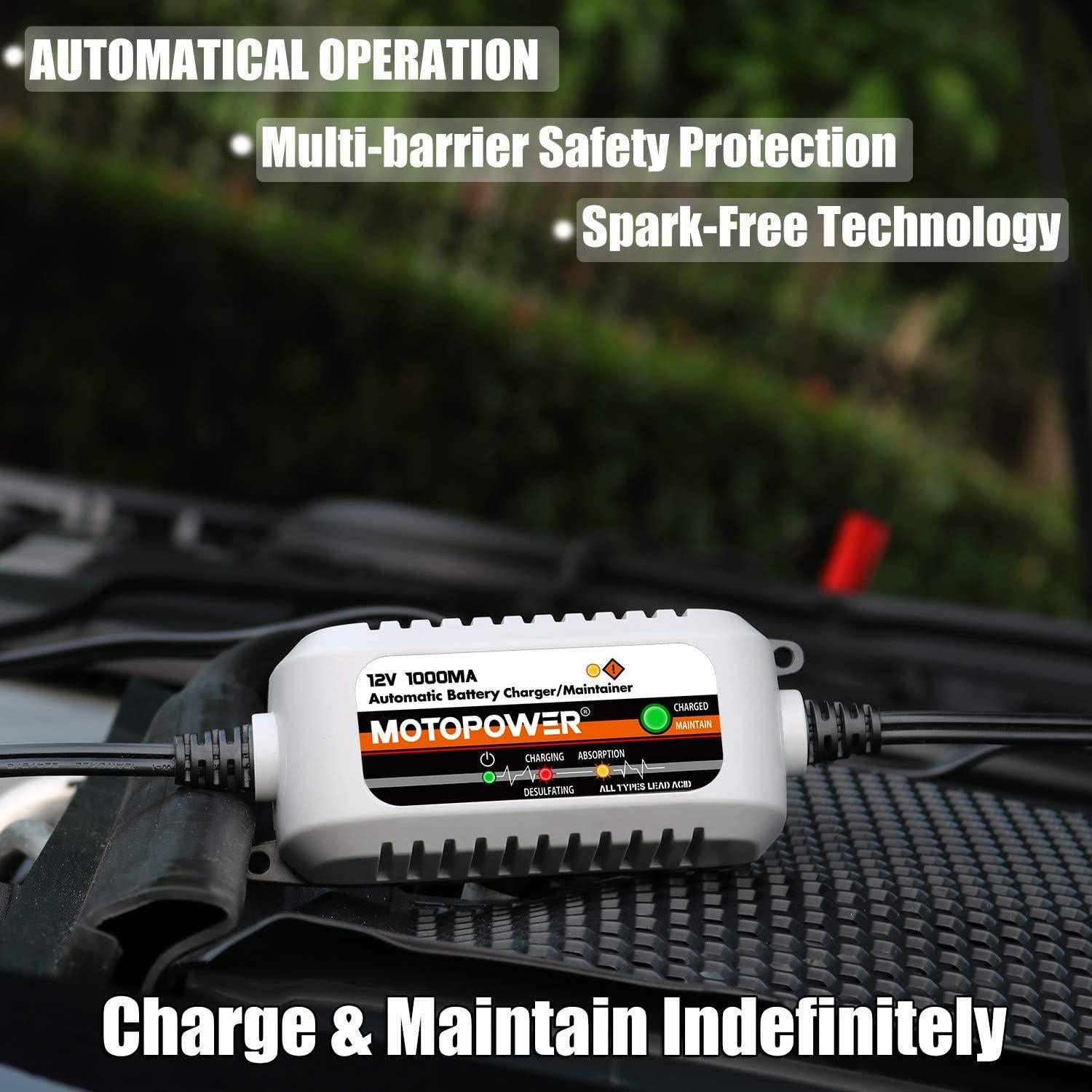 MOTOPOWER MP00205B 12V 1000mA Automatic Battery Charger, Battery Maintainer, Trickle Charger, And Battery Desulfator With Timer Protection - Grey,