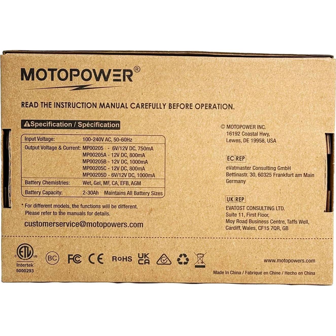 MOTOPOWER MP00205B 12V 1000mA Automatic Battery Charger, Battery Maintainer, Trickle Charger, And Battery Desulfator With Timer Protection - Black Edition,