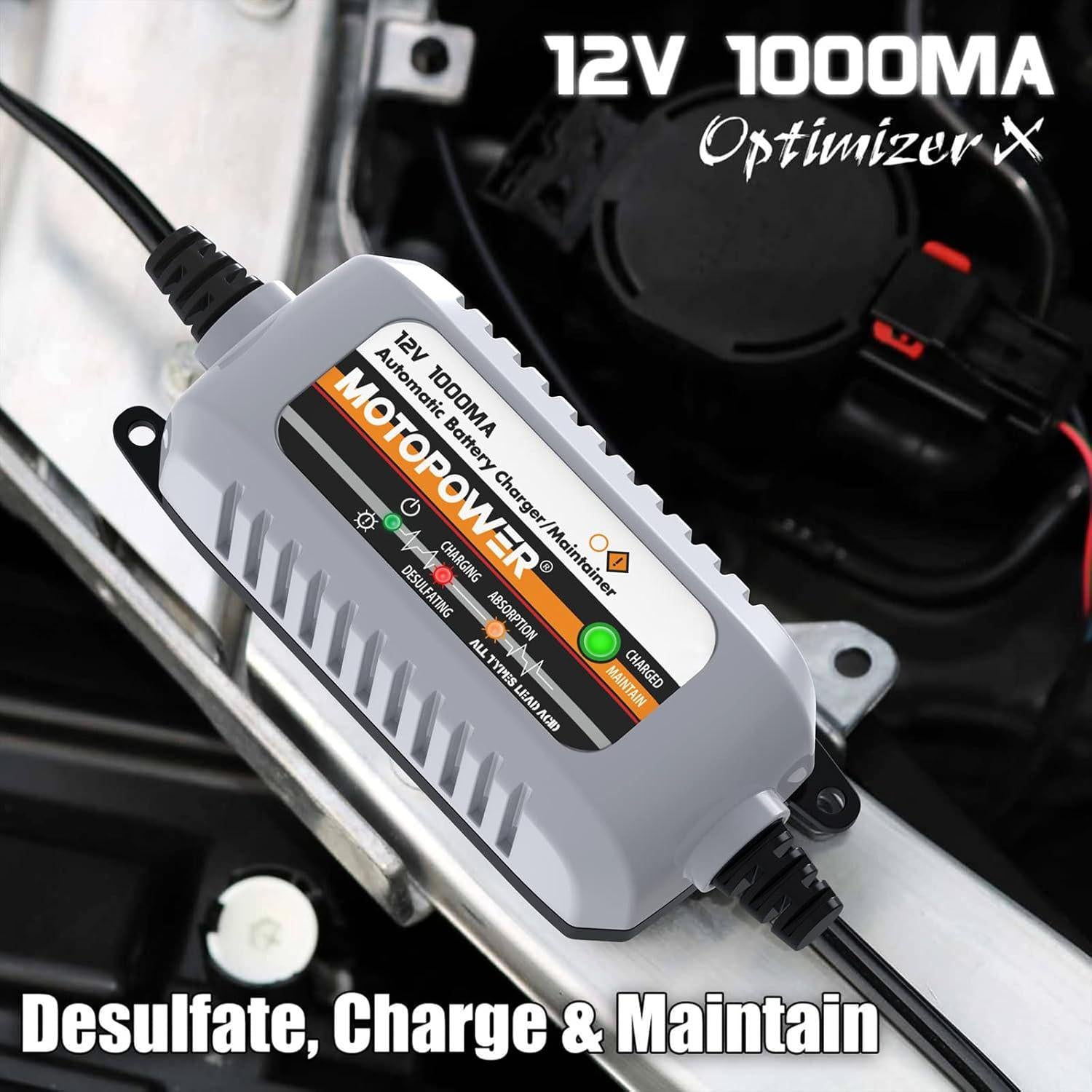 MOTOPOWER MP00205B 12V 1000mA Automatic Battery Charger, Battery Maintainer, Trickle Charger, And Battery Desulfator With Timer Protection - Grey,