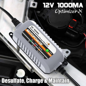 MOTOPOWER MP00205B 12V 1000mA Automatic Battery Charger, Battery Maintainer, Trickle Charger, And Battery Desulfator With Timer Protection - Grey,