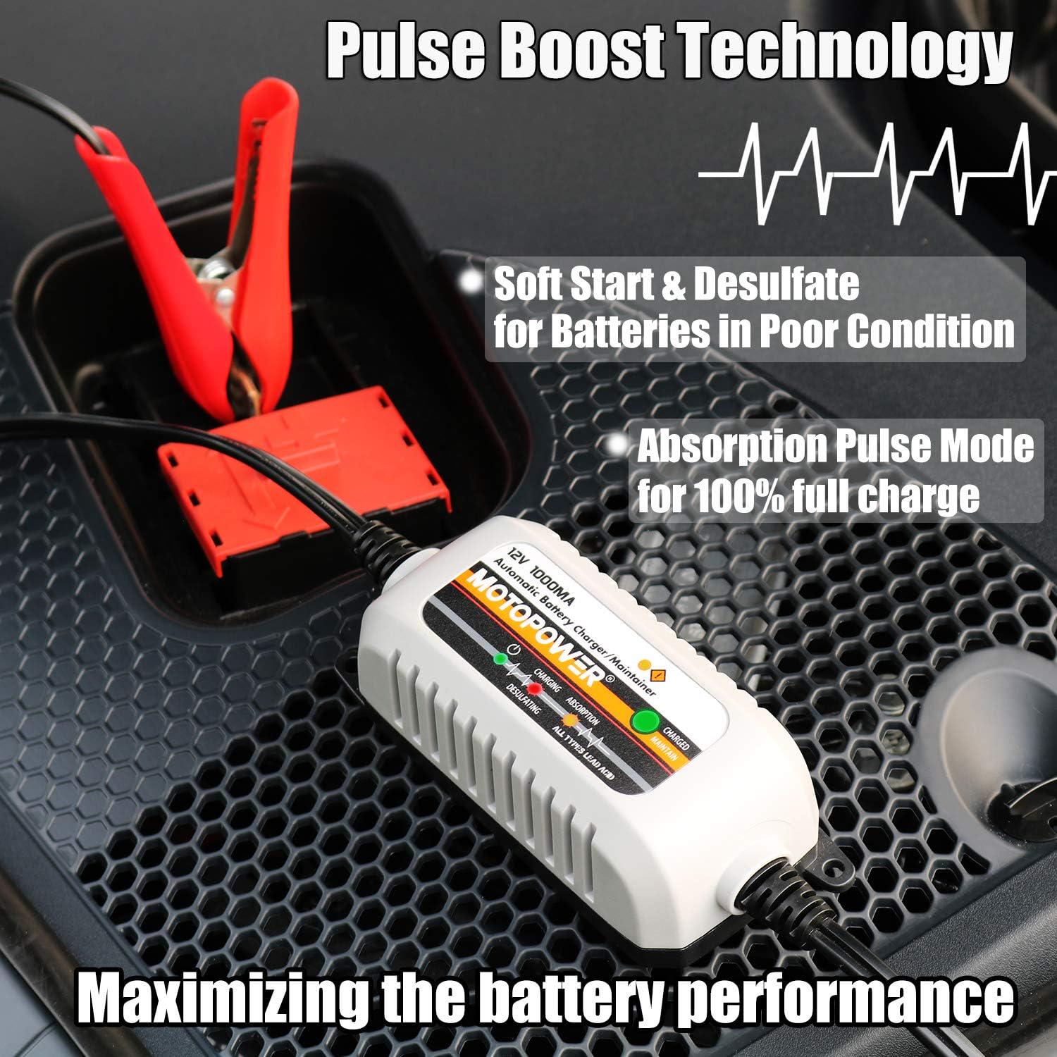 MOTOPOWER MP00205B 12V 1000mA Automatic Battery Charger, Battery Maintainer, Trickle Charger, And Battery Desulfator With Timer Protection - Grey,