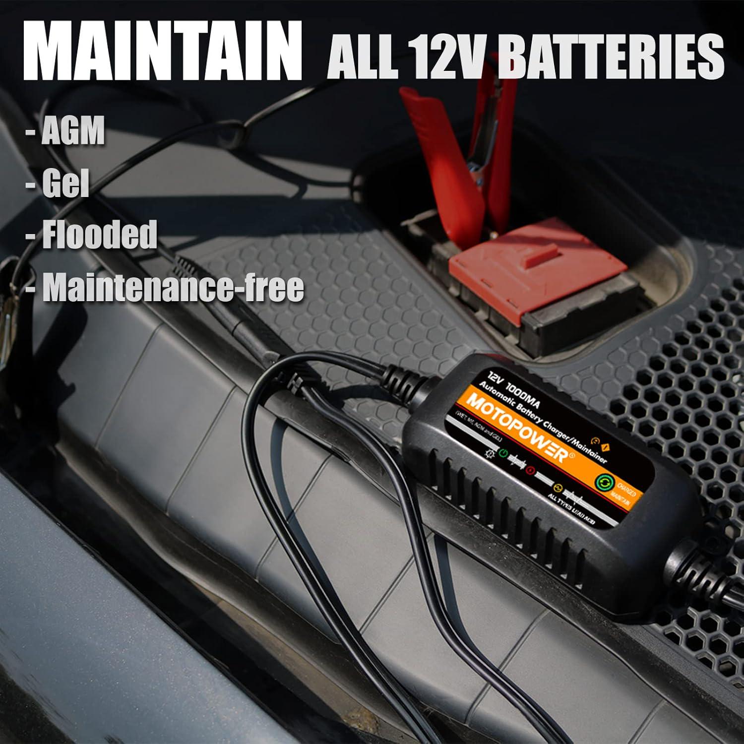 MOTOPOWER MP00205B 12V 1000mA Automatic Battery Charger, Battery Maintainer, Trickle Charger, And Battery Desulfator With Timer Protection - Black Edition,