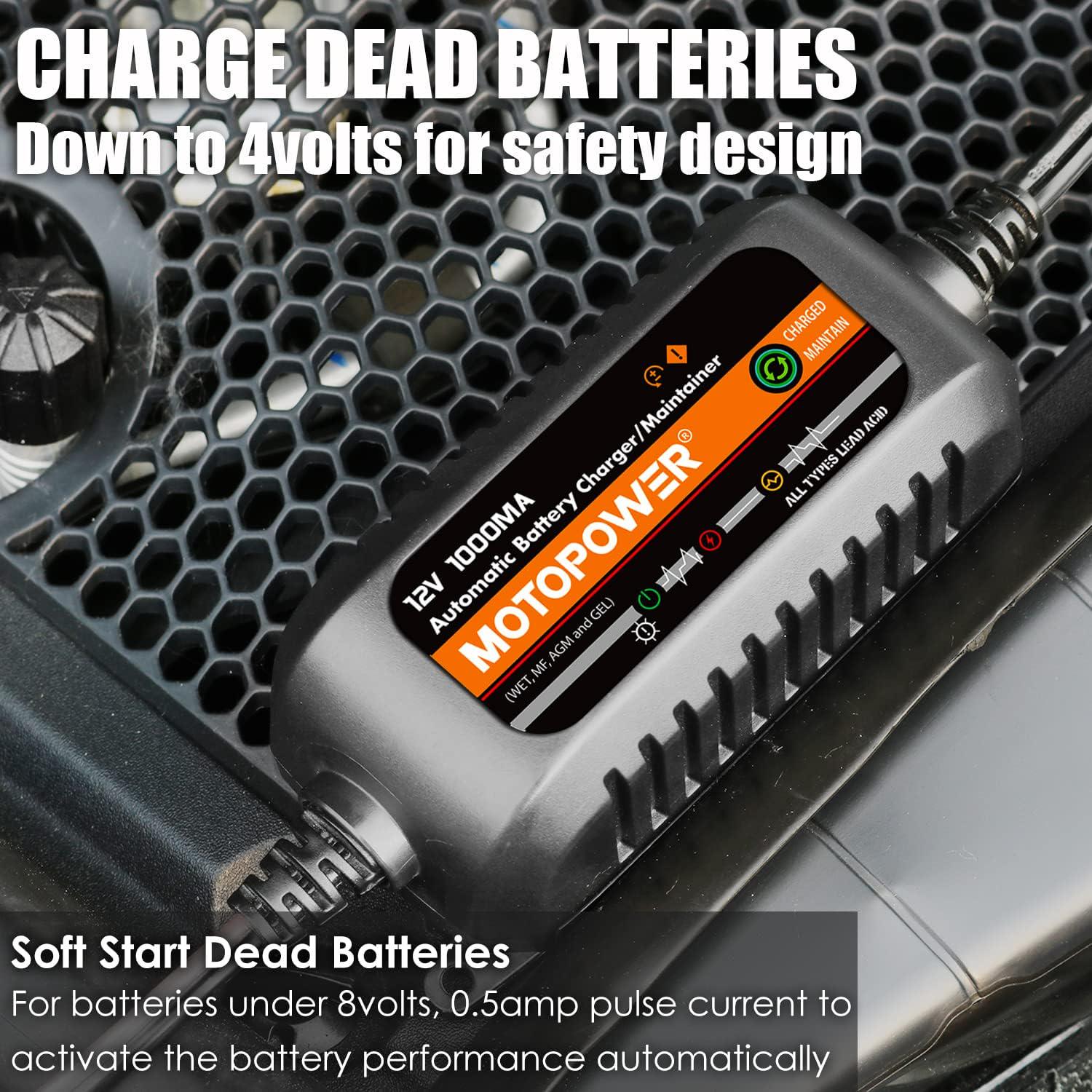 MOTOPOWER MP00205B 12V 1000mA Automatic Battery Charger, Battery Maintainer, Trickle Charger, And Battery Desulfator With Timer Protection - Black Edition,