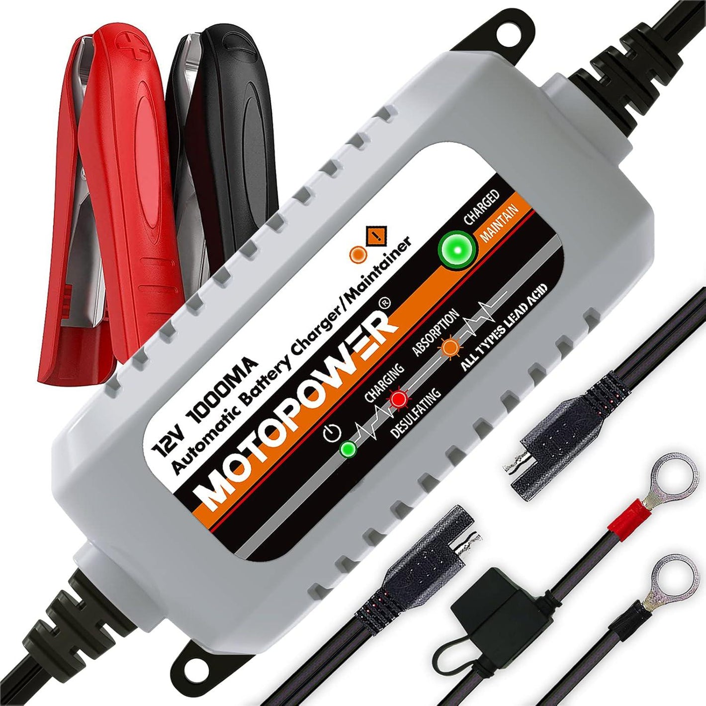 MOTOPOWER MP00205B 12V 1000mA Automatic Battery Charger, Battery Maintainer, Trickle Charger, And Battery Desulfator With Timer Protection - Grey,