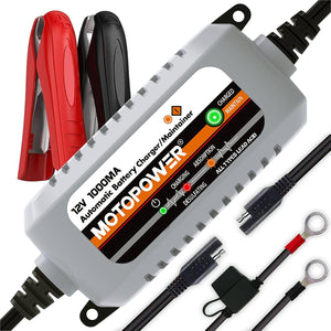 MOTOPOWER MP00205B 12V 1000mA Automatic Battery Charger, Battery Maintainer, Trickle Charger, And Battery Desulfator With Timer Protection - Grey,