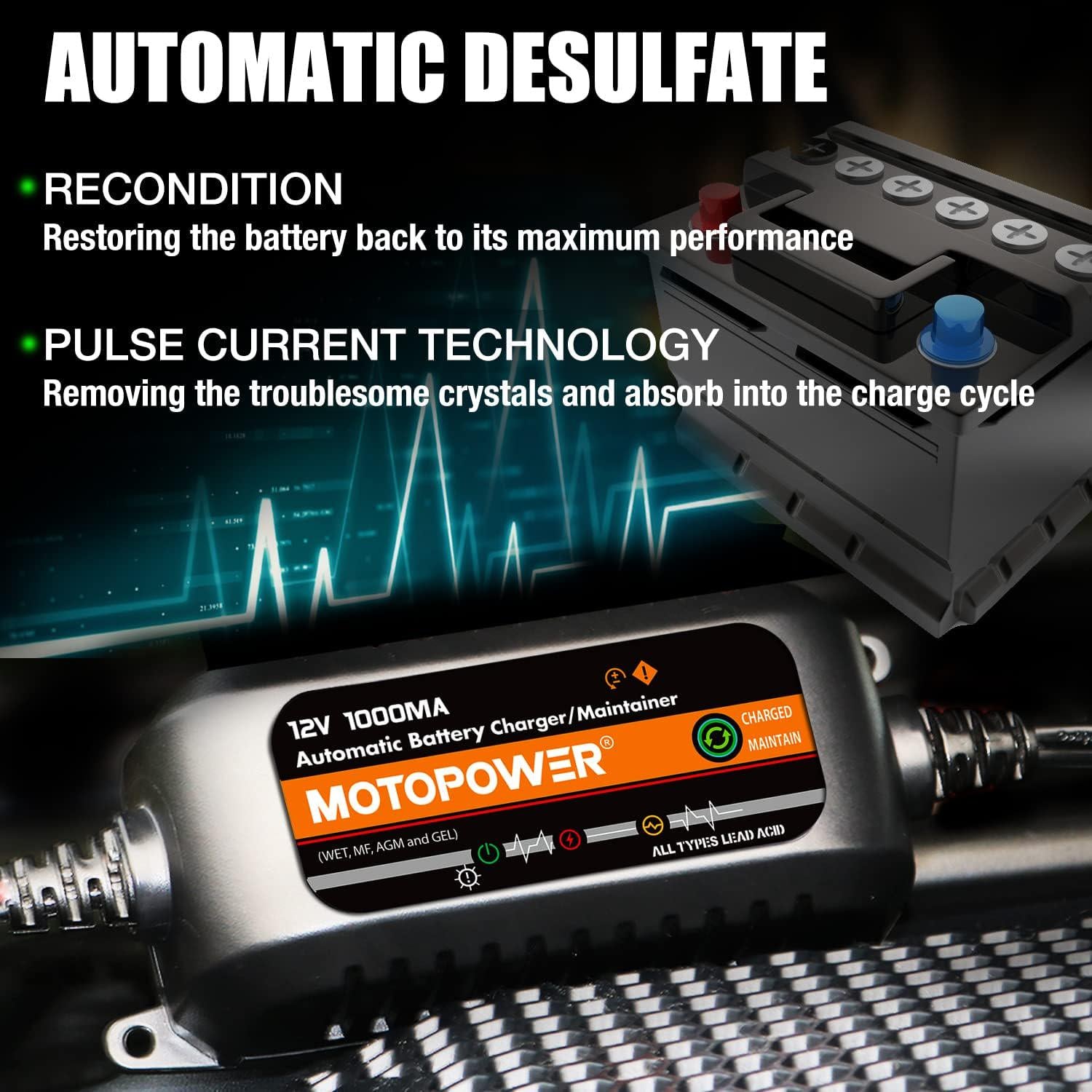 MOTOPOWER MP00205B 12V 1000mA Automatic Battery Charger, Battery Maintainer, Trickle Charger, And Battery Desulfator With Timer Protection - Black Edition,