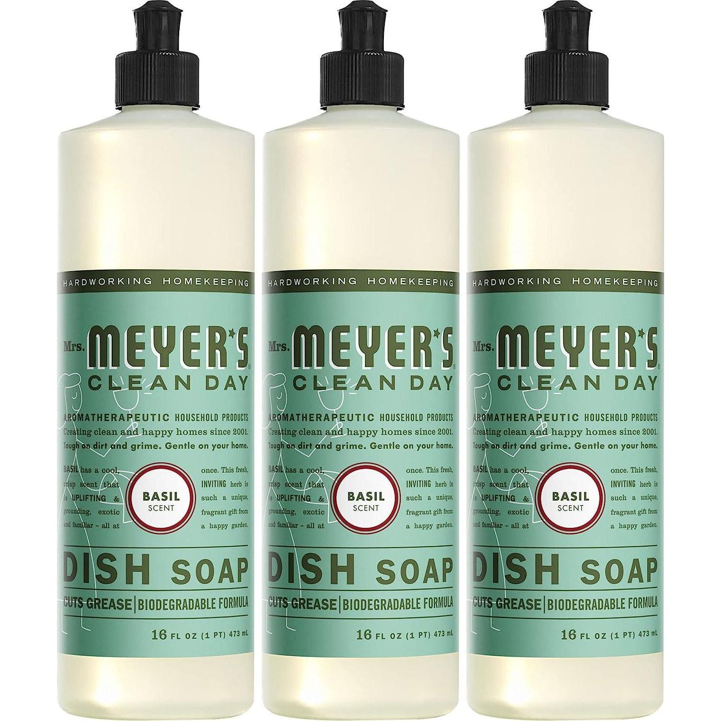 Mrs Meyer’s Clean Day Liquid Dish Soap, Biodegradable Formula, Basil Scent, 16 Fl Oz, Pack of 3