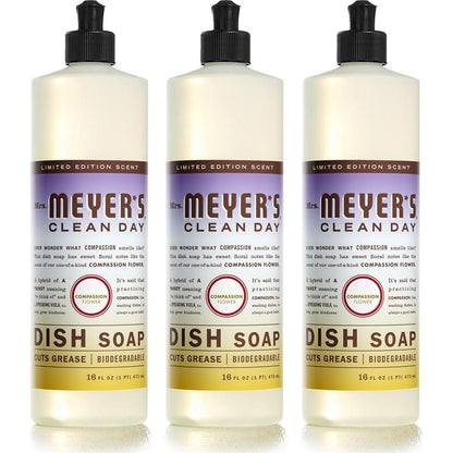 Mrs Meyer’s Clean Day Liquid Dish Soap, Biodegradable Formula, Compassion Flower Scent, 16oz, Pack of 3