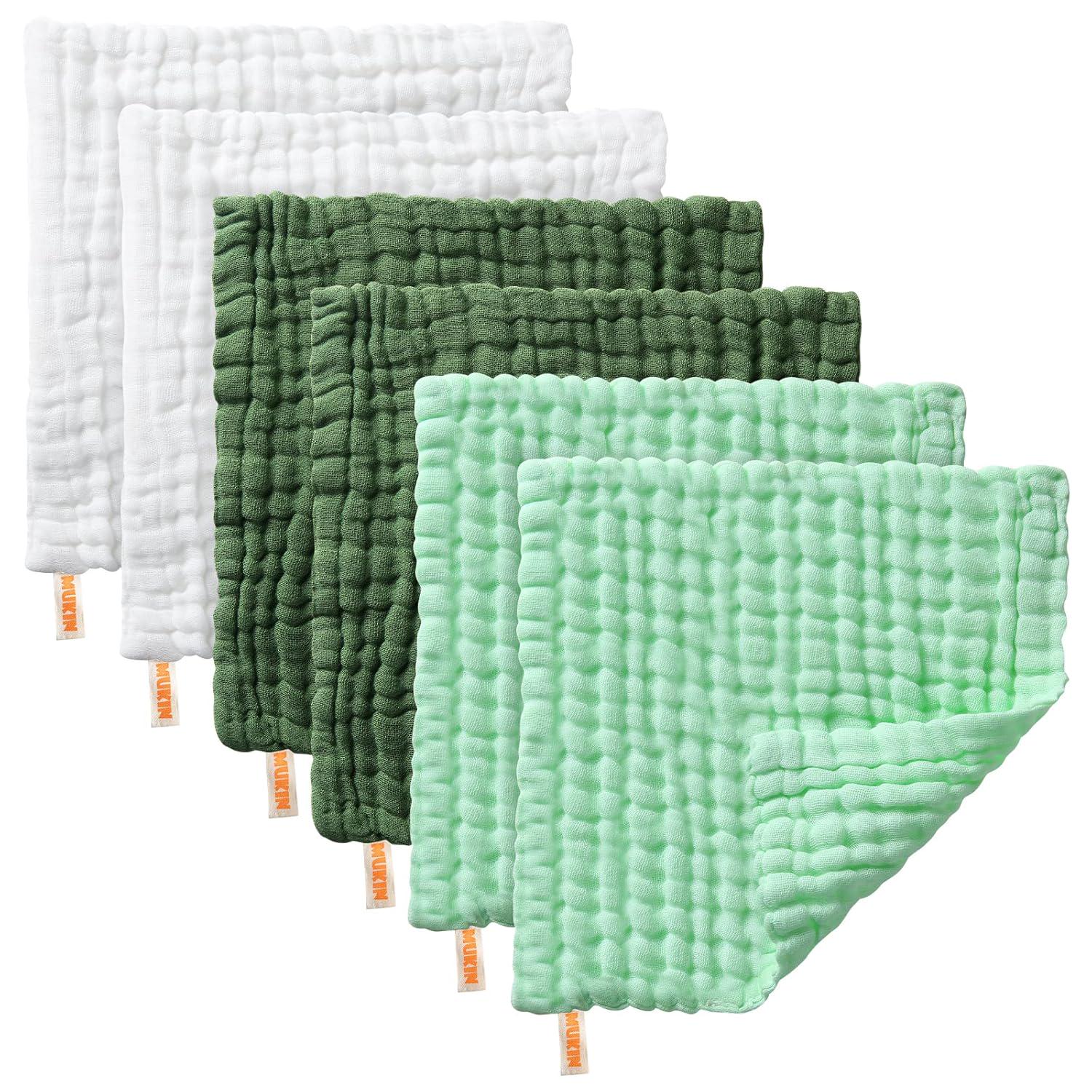 MUKIN Baby Washcloths - Soft Face Cloths For Newborn, Absorbent Bath Face Towels, Baby Wipes, Burp Cloths Or Face Towels, Baby Registry As Shower. Pack Of 6-12x12 Inches (Green),