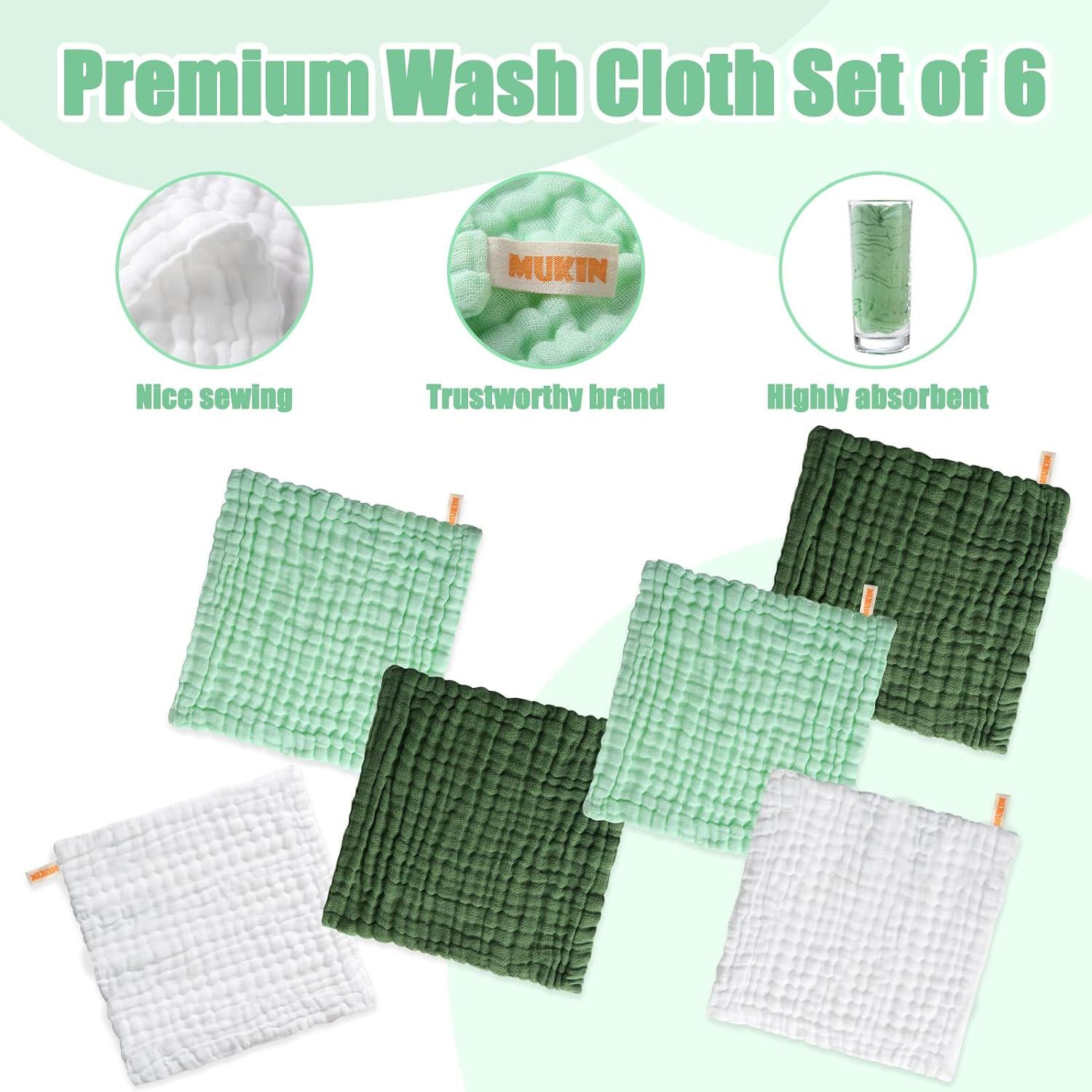 MUKIN Baby Washcloths - Soft Face Cloths For Newborn, Absorbent Bath Face Towels, Baby Wipes, Burp Cloths Or Face Towels, Baby Registry As Shower. Pack Of 6-12x12 Inches (Green),